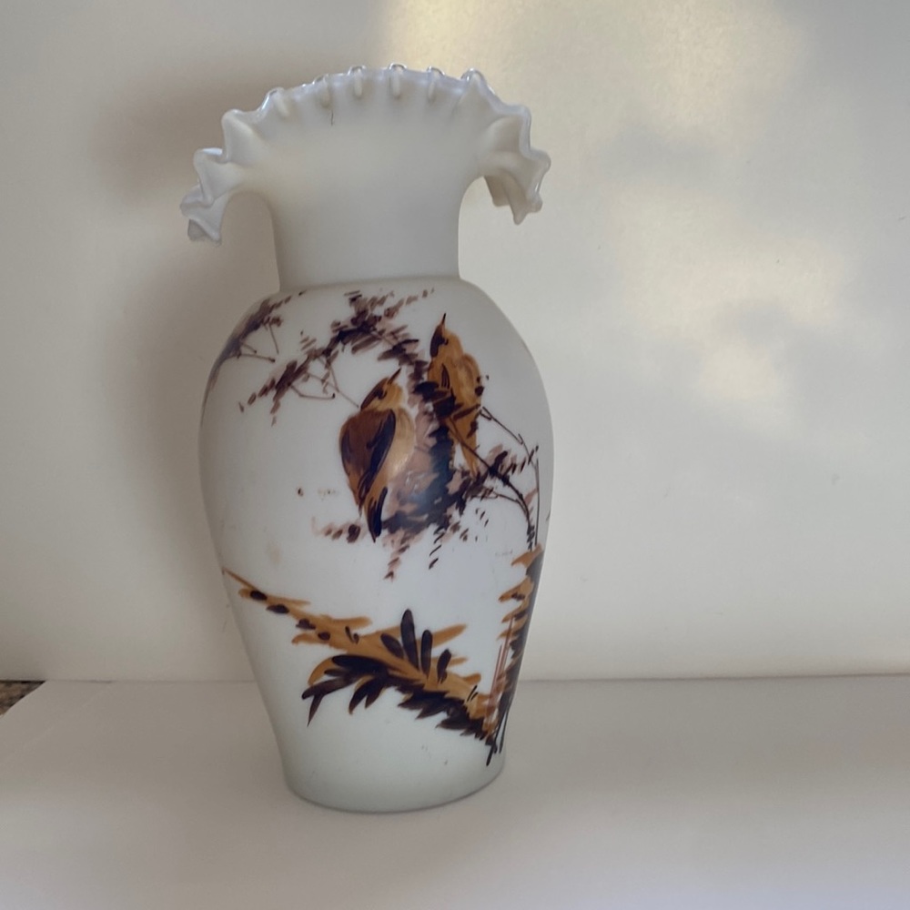Bristol Hand painted glass crested ruffle top vase